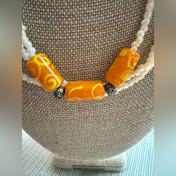 Millefiori Cube & barrel Cream Mustard Orange Art-glass & Seed Bead Necklace - Picture 5 of 14